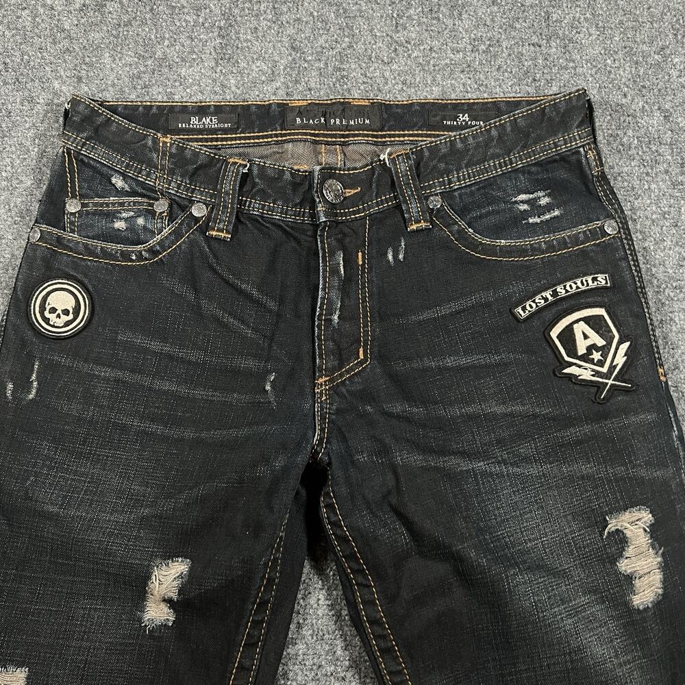 Affliction Black Premium Blake Men’s Jeans 36x34 Distressed Patches Y2K Straight